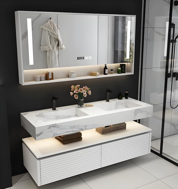 56IN Bathroom Vanity with Double Sink, Modern Bathroom Vanity with LED Smart Defogging Mirror Cabinet and Open Shelf, Floating Bathroom Cabinet with Striped Double Drawers, Oak Material (White)