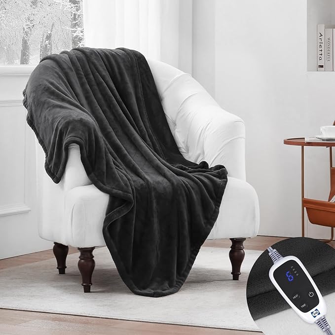 Sealy Heated Blanket Throw, Flannel Electric Blanket with 6 Heating Settings & 2-10 Hours Auto Shut Off, Fast Heating & ETL Certification, 50x60 Inch, Dark Grey
