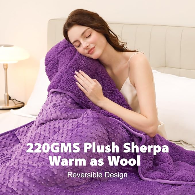 Minky Dot Weighted Blanket for Adults Twin Size 15 lbs, Warm Sherpa Snuggle Heavy Blanket for Autumn Winter with Glass Beads, Great for Stress Relief and Sleep Promotion, Purple 48 x 72 inches