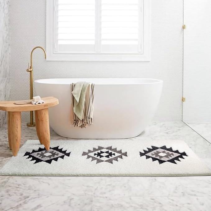 DEXDE Runner Bath Rug 24x60 Inches - Non-Slip Quick Dry Machine Washable Bath Mat, Boho Geometric Absorbent Long Carpet for Bathroom, Black and White