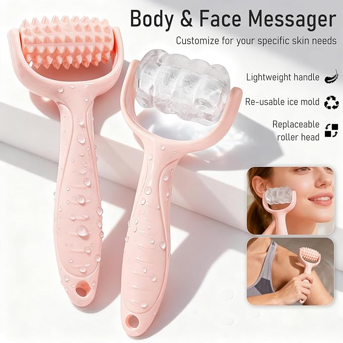 Ice Roller for Face Women Replaceble Rollers + Reusable 2 in 1 Silicone Facial Eyes Ice Cube Mold Set, Body Message Stick Holder for Reduce Puffiness Relief Shrink Pores Anti Wrinkle Skin Care, Pink