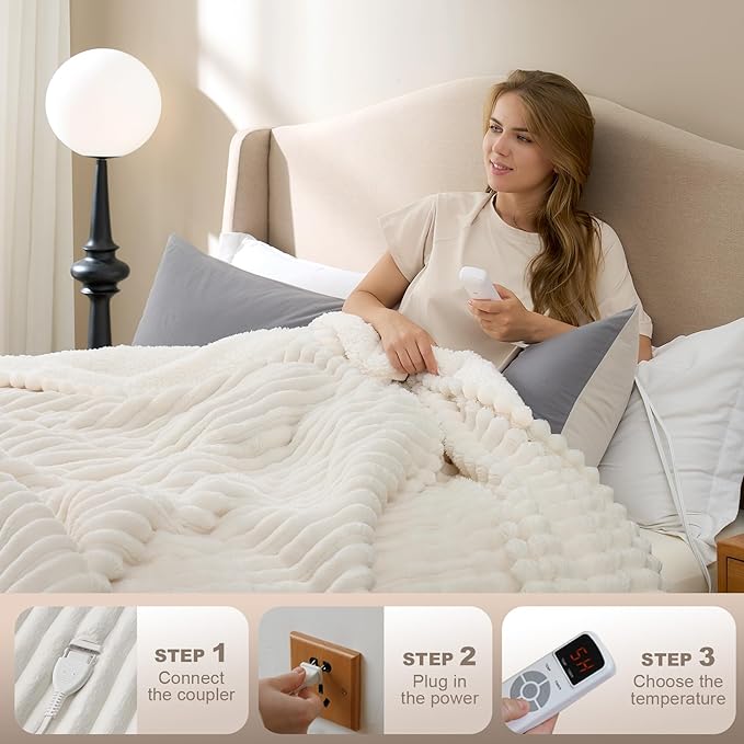 Hansleep Heated Blanket Queen Size Electrci Throw Dual Control, Heating Blanket with 9 Heating Levels and 10-Hour Timer Auto Shut Off, Washable Soft Warm Winter Blanket, 80 x 90 Inches, Beige