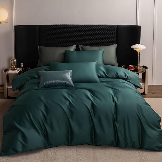 MooMee Duvet Cover Set 100% Extra Long Staple Cotton 600 Thread Count Silky Sateen Smooth Luxury Soft Breathable Durable Hotel Quality Bedding, 3 Pieces (Forest Green, Oversized Queen 98"x98")