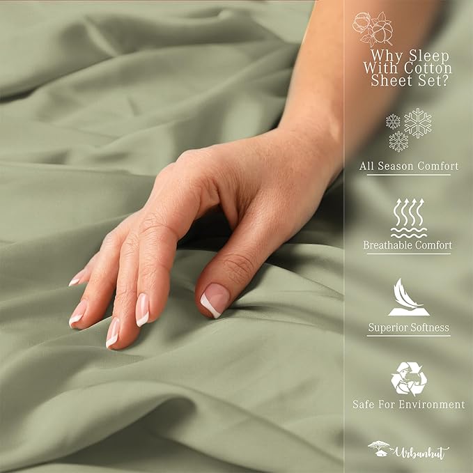 URBANHUT 1000 Thread Count King Size Egyptian Cotton Sheets, Long Staple Soft & Breathable, 4 Pc Bed Sheet Sets for King Size Bed, Luxury Hotel Sateen Sheets Fits 16" Deep Pocket - Sage