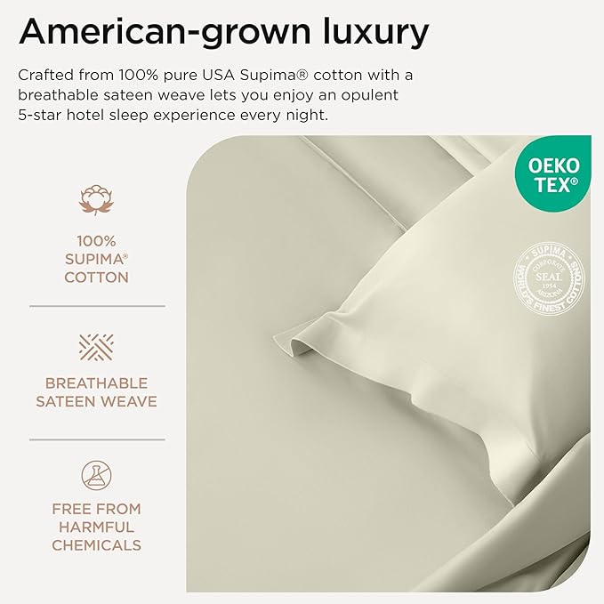 Threadmill Supima Cotton Sheets - Queen, 1000 Thread Count, 4 Piece Luxury Bedding Set, Hotel Quality Sateen Weave, Ivory with Elasticized Deep Pocket