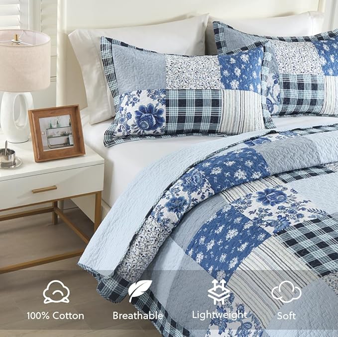 Cotton Bedspread Quilt Bedding Sets 3 Pieces Reversible Coverlet Sets Comforters Rustic Floral Patchwork Blue White Bedspread, King Size