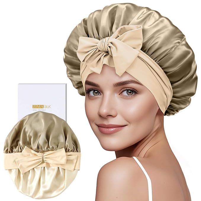 ZIMASILK 100% Mulberry Silk Bonnet for Sleeping Women Long Hair Double Layer Silk Hair Wrap with Tie Band Stay On Head (1Pc, Light Coffee)