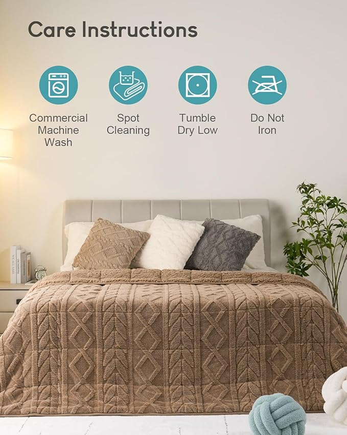 Cottonblue Weighted Blanket 15lbs Queen Size for Adults - Plush Cozy Sherpa Weighted Blanket for a Better Night's Sleep, Luxurious Jacquard Decor Blanket for Bed Sofa Couch, 60x80 Inches,Khaki