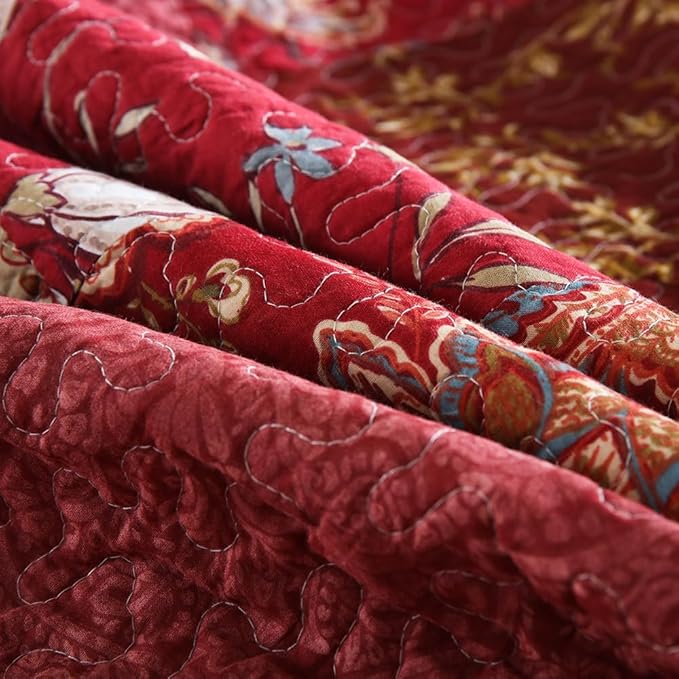 Cotton Bedspread Quilt Bedding Sets 3 Pieces Reversible Coverlet Sets Comforters Vintage Floral Patchwork Purple Red Bedspread, King Size