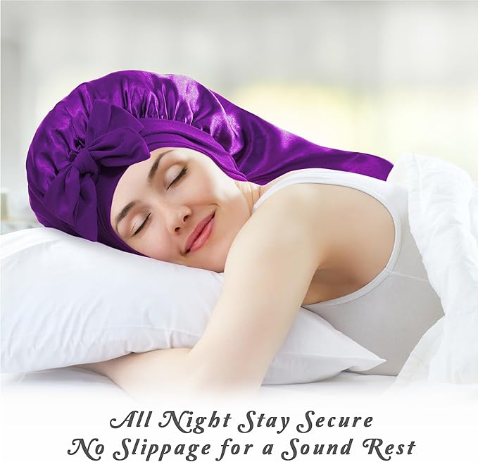 Long Satin Bonnet with Tie Band for Sleeping Women - Silk Sleep Bonnet for Curly Hair and Braids