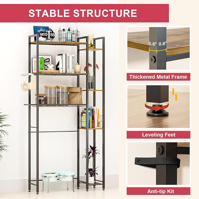 31.5" Wide Over Toilet Bathroom Organizer, Solid Wood Over The Toilet Storage With Paper Holder, Hooks, Side Shelf, Freestanding Bathroom Shelves Over Toilet for Laundry Room, Dorm Room, Balcony