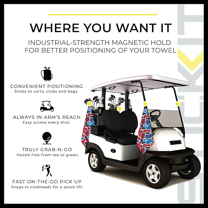 STICKIT Magnetic Golf Towel, Patriotic Camo | Top-Tier Microfiber Golf Towel with Deep Waffle Pockets | Industrial Strength Magnet for Strong Hold to Golf Carts or Clubs | Red, White and Blue Camo