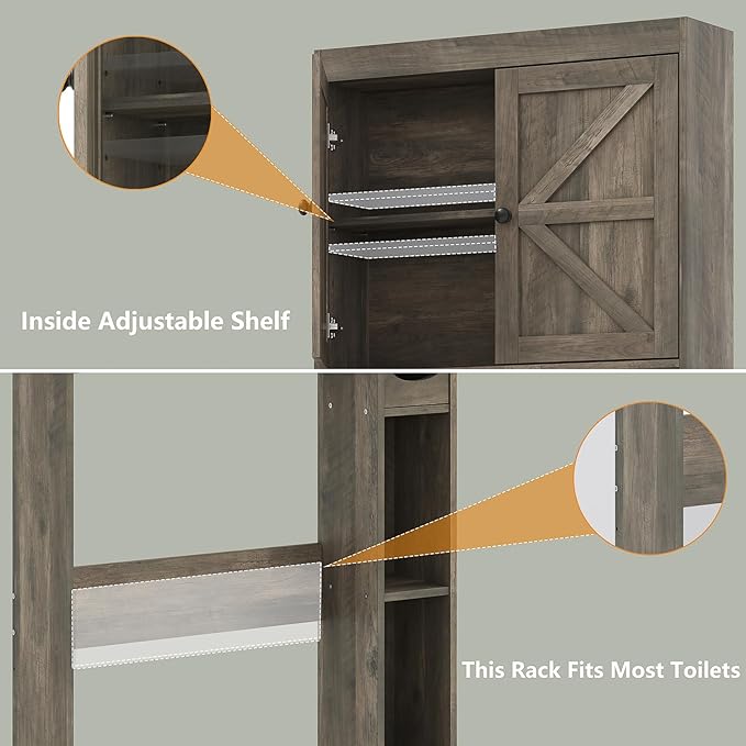 Furniouse Over The Toilet Storage Cabinet 32.3''W Wood Bathroom Storage Cabinet with Doors & Adjustable Shelves Free Standing Toilet Shelf, Gray