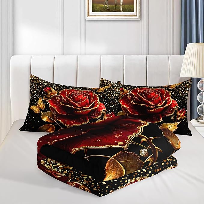 Gold Red Rose Comforter Set Full Size,Golden Glitter Butterfly Pattern Bedding for Girls Women Couple Lover,Romantic Floral Themed Bedding Set with 2 Pillowcases.