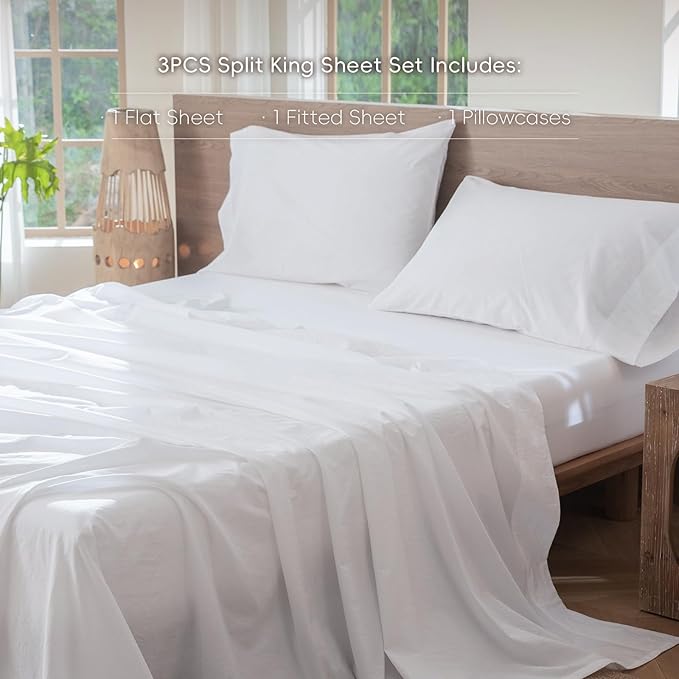 MooMee Bedding Sheet Set 100% Washed Cotton Linen Like Textured Breathable Durable Soft Comfy (Solid Bright White, Twin)