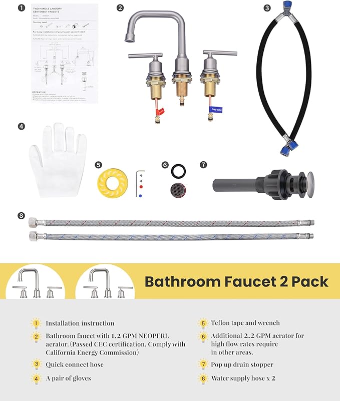 WOWOW Brushed Nickel Bathroom Faucet: Widespread Bathroom Sink Faucet Set 3 Hole with Pop-up Drain and Supply Lines, 8 Inch Vanity Faucet 3 Pieces Basin Tap 2 Handle Modern (2 Pack)
