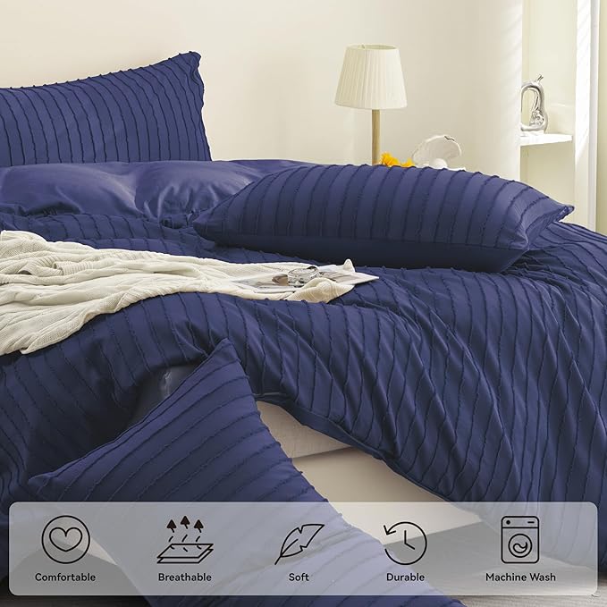 JELLYMONI Duvet Cover King Size Navy Blue - 3PCS Boho Striped Duvet Cover Set Polyester Tufted Bohemian Textured Comforter Cover 104×90in with Corner Ties & Zipper and 2 Pillowcases
