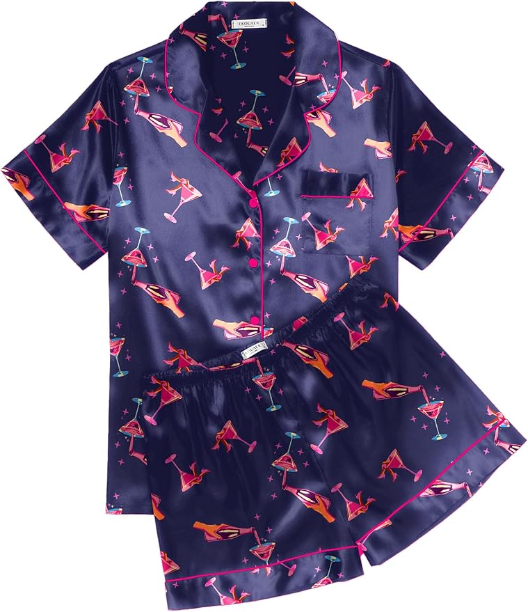Ekouaer Pajamas for Women Set Silk Satin Pjs Shorts Sleepwear 2 Piece Loungewear S-XXL