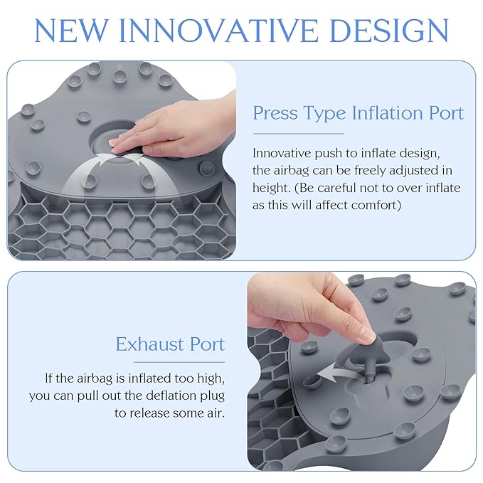 Silicone Bath Pillow, New Material Bath Pillows for Tub Head Neck and Back Support, Bath Tub Pillow with 4D Press Inflatable Airbag and Non-Slip Strong Suction Cups, Quick-Drying, Easy to Store, Gray