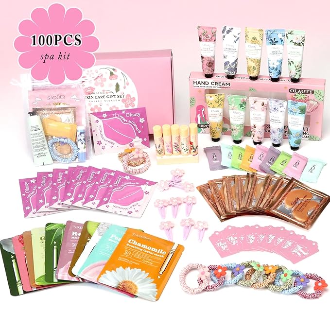 100 PCS Spa Party Supplies for Girls, Spa Party Favors Gifts Set Include Face Masks Skincare, Hand Cream, Lip Balm, Eye Mask, Lip Mask, Hair Ties, Sleepover Slumber Birthday Spa Party Supplies Kit