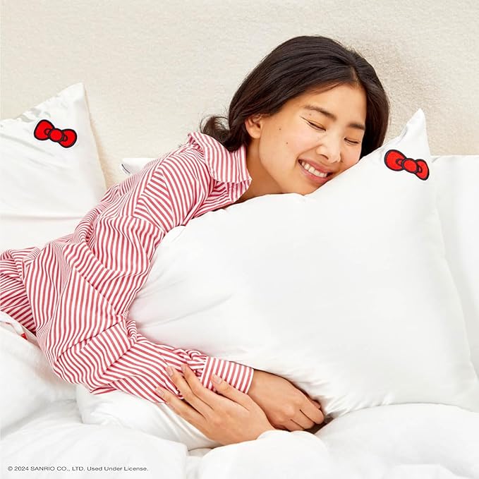 Kitsch x Hello Kitty (Solid Ivory Kitty Bow) - Satin Pillowcase with Zipper for Hair and Skin, Softer Than Silk, Smooth Cooling Pillow Covers, Machine Washable, King Size (19x36)