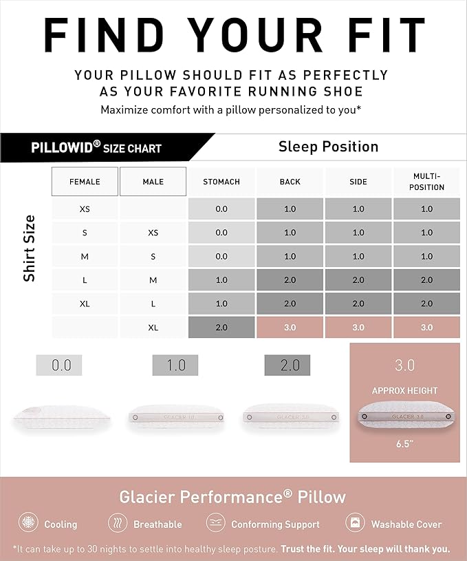 Bedgear Glacier Performance Pillow - Size 3.0 - Cooling Pillow for Hot Sleepers - Back, Stomach, Side Sleeper Pillow - 20" W x 26" L x 4.75" H