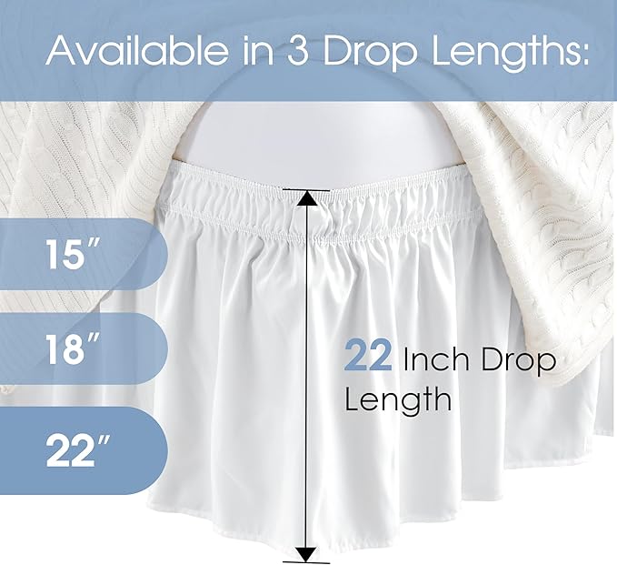 FreshCulture Elastic Wrap Around Bed Skirt - Easy Fit with 22-Inch Tailored Drop, Hotel Quality Dust Ruffle for Full Size Bed (White)