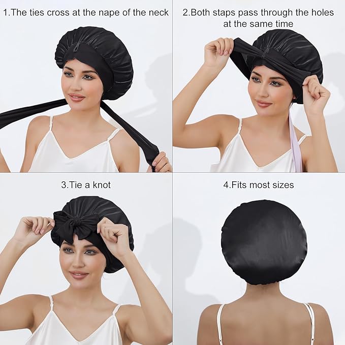 ZIMASILK 100% Mulberry Silk Bonnet for Sleeping Women Long Hair Double Layer Silk Hair Wrap with Tie Band Stay On Head (1Pc, Black)