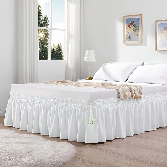RIMELA Full Size White Bed Skirt 15 Inch Drop, Wrap Around Elastic Bed Skirts Full Size Dust Ruffle, Bedskirt for Adjustable Bed Base Solid Wrinkle and Fade Resistant Silky Fabric Machine Washable