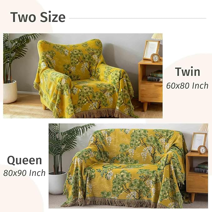 Qidordour Boho Throw Blanket, 80"x90" Muslin Blankets, 100% Organic Cotton Blanket for Couch Sofa, Lightweight Quilt with Tassel, All Season Bed Throw, Farmhouse Home Decor, A-Sophora Flower