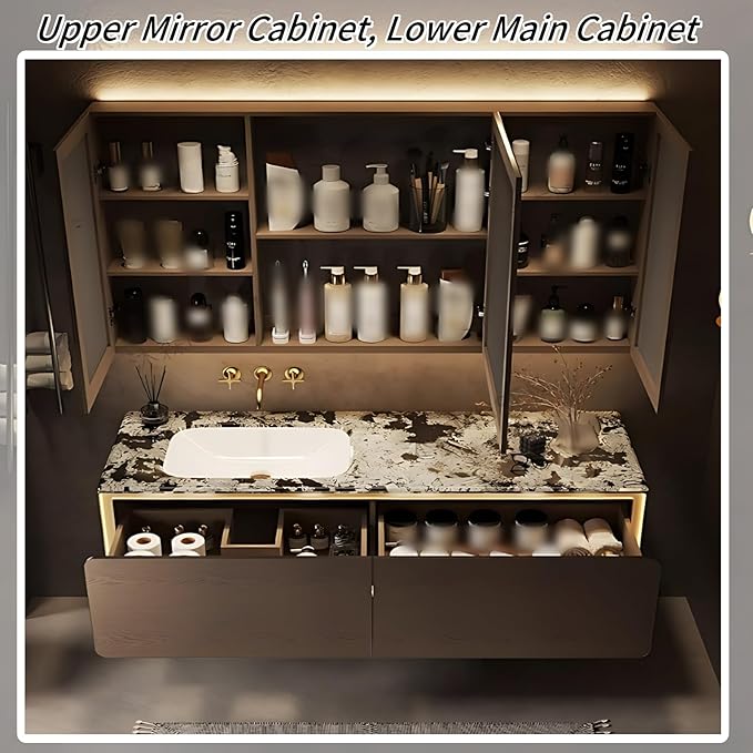 68IN Bathroom Vanity Set with a Single Sink - Embedded Sensor Light Strip & Large Capacity Floating Cabinet | Modern Bathroom Vanities with Defogging Mirror Surface & LED Lighting (Mirror Cabinet)