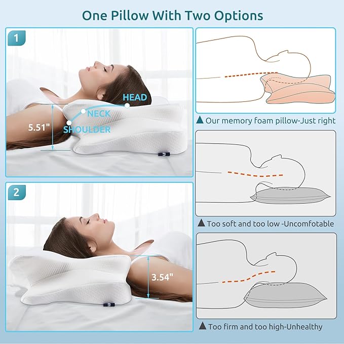 DONAMA Cervical Pillow for Neck and Shoulder,Contour Memory Foam Pillow,Ergonomic Neck Support Pillow for Side Back Stomach Sleepers with Pillowcase