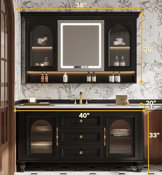 Freestanding Bathroom Vanity with Sink, Solid Wood Bathroom Vanity Set, Vintage Bathroom Vanities with Large Capacity Storage Cabinet and Open Shelf, Elegant Vanities (Black,40")