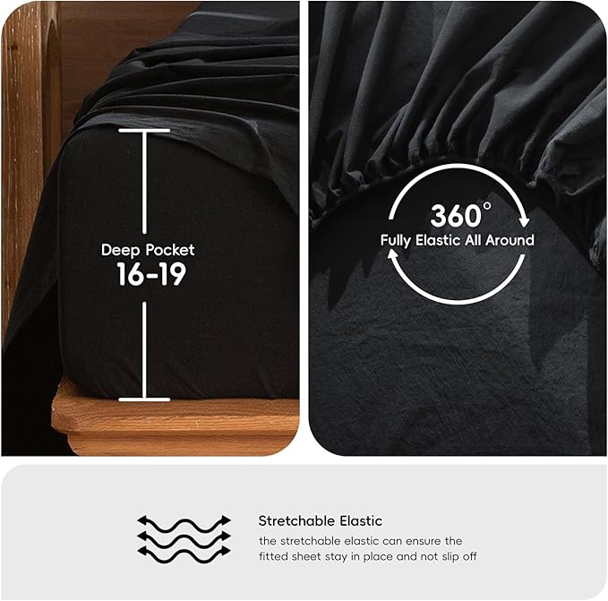 MooMee Bedding Sheet Set 100% Washed Cotton Linen Like Textured Breathable Durable Soft Comfy (Solid Black, Queen)