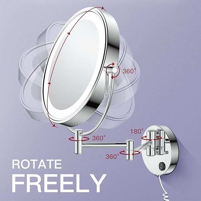 Benbilry 9" Large Size Wall Mounted Lighted Makeup Vanity Mirror, 1X/10X Magnifying 2-Sided AC Plug-in Powered Bathroom Mirror, 360° Swivel 13 Inch Extendable Arm, Chrome