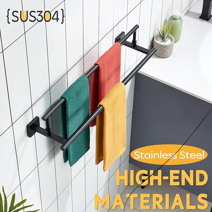 KOKOSIRI Bathroom Towel Bars 20 Inch Double Towel Rails Matte Black Towel Holder for Kitchen Garage Wall Mount Stainless Steel B5009BK-L20