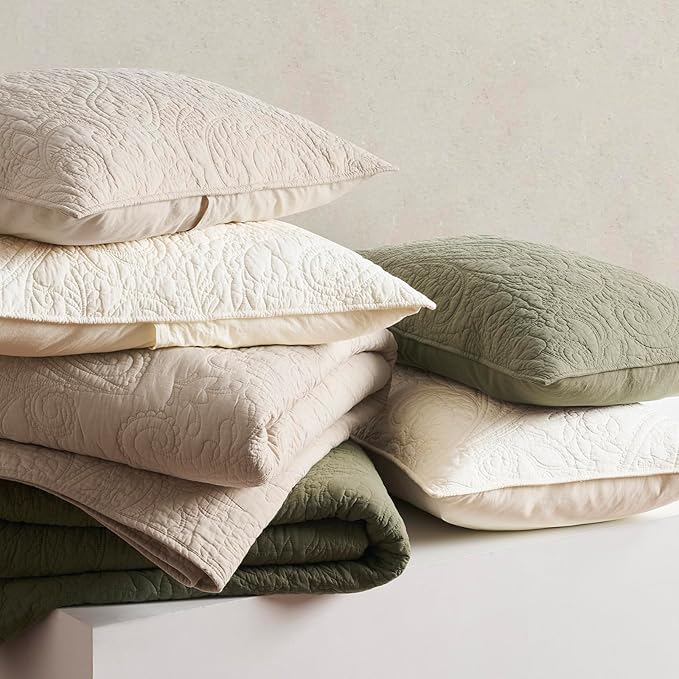 EVERGRACE 100% Cotton Paisley Quilt Set, King Size 3 Piece Set – Prewashed Lightweight Bedspread with 2 Shams, Soft & Breathable Matelasse Coverlet for All-Season Comfort, Flax Beige