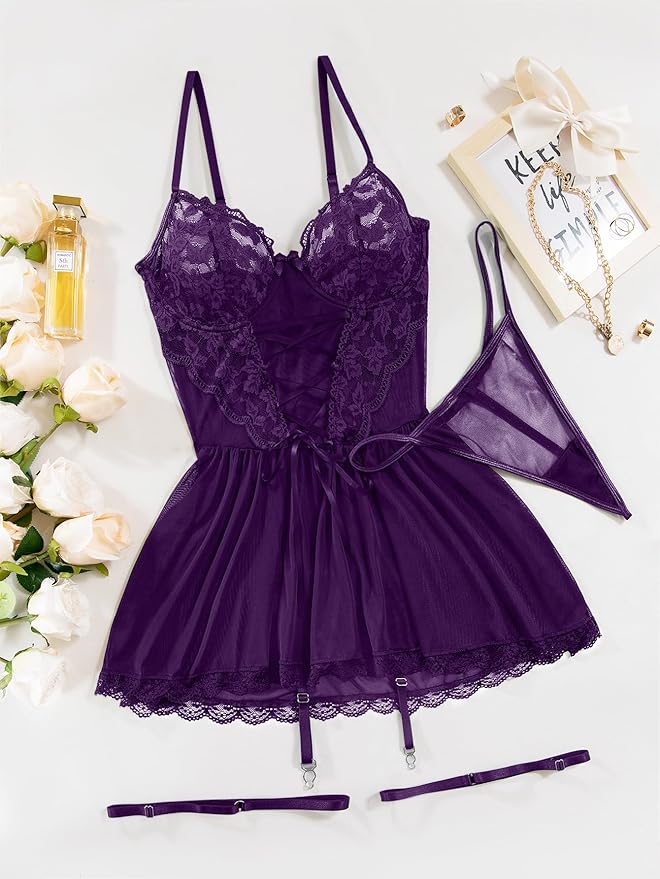 Lilosy Sexy Garter Belt Mesh Lace Babydoll Lingerie Dress Set with Thong