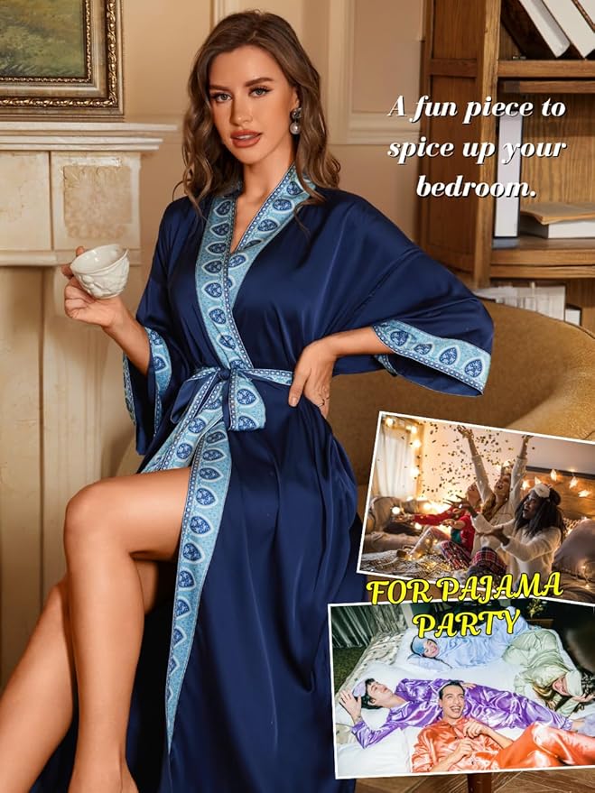 Satin Robe Sets For Women, 2-PC Lightweight Bathrobe, Silk Sleepwear Kimono Bridesmaid Sexy Robes