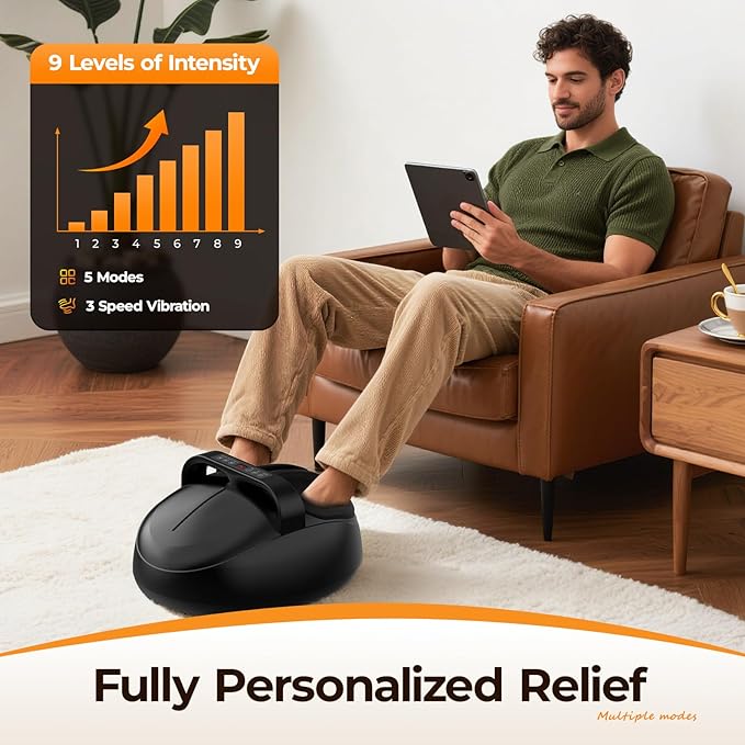 Foot Massager with Heat - Shiatsu Kneading & Rolling Compression, 5 Massage Modes with Adjustable Intensity, Fits Up to Size 13, Home Relaxation Gift