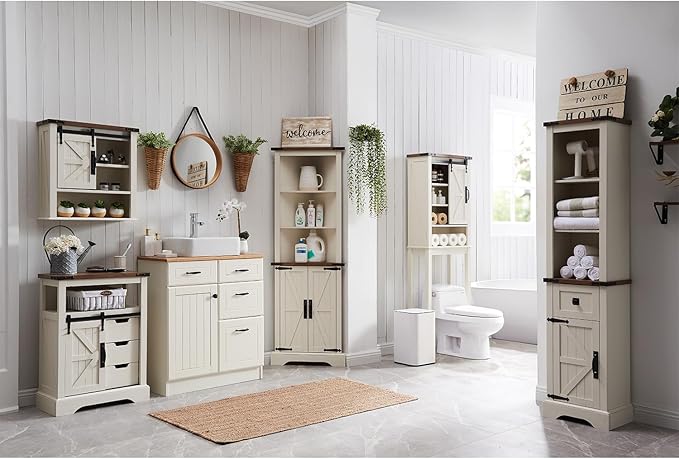 RedLemon Farmhouse Over The Toilet Storage Cabinet, 68" Tall Bathroom Cabinet with Sliding Barn Doors & Adjustable Shelves, Rustic Antique White