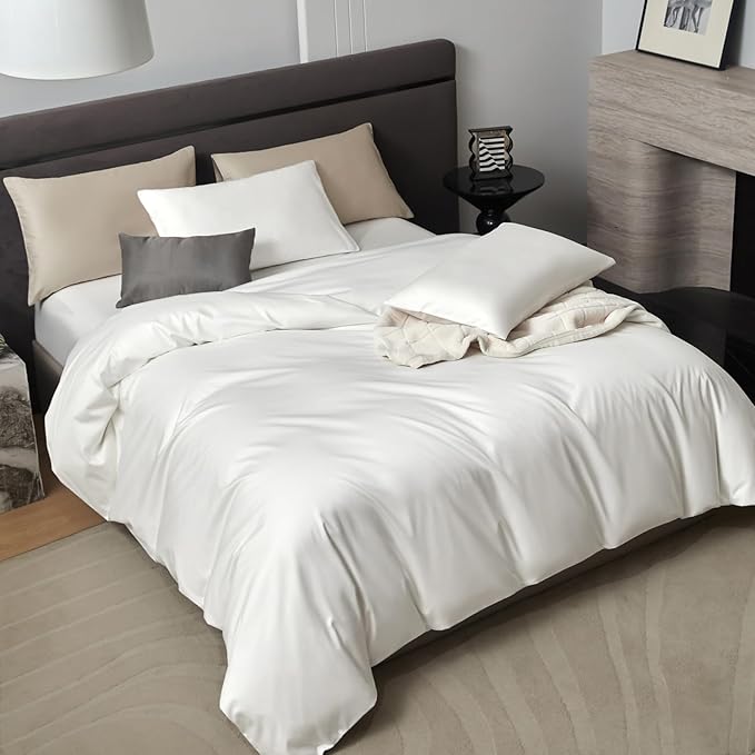 PURE ERA Duvet Cover Set 800 Thread Count Long Staple Cotton Sateen Silky Soft Luxurious Smooth 3 Piece Set Solid White King