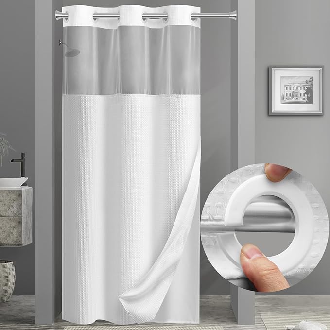YellyHommy Stall No Hook Shower Curtain with Snap in Fabric Liner Set Less Time White Waffle Shower Curtain for Bathroom 75" L x 36" W