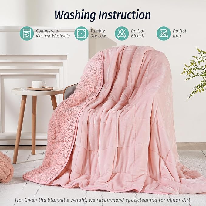 Wemore Sherpa Fleece Weighted Blanket for Adult, 15 lbs Dual Sided Cozy Fluffy Heavy Blanket, Ultra Fuzzy Throw Blanket with Soft Plush Flannel Top, 80 x 87 inches, Pink on Both Sides
