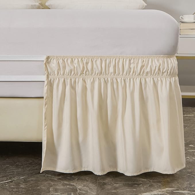 MEILA Wrap Around Bed Skirt Three Fabric Sides Elastic Dust Ruffled 14 Inch Tailored Drop,Easy to Install Fade Resistant-Beige, Queen/King