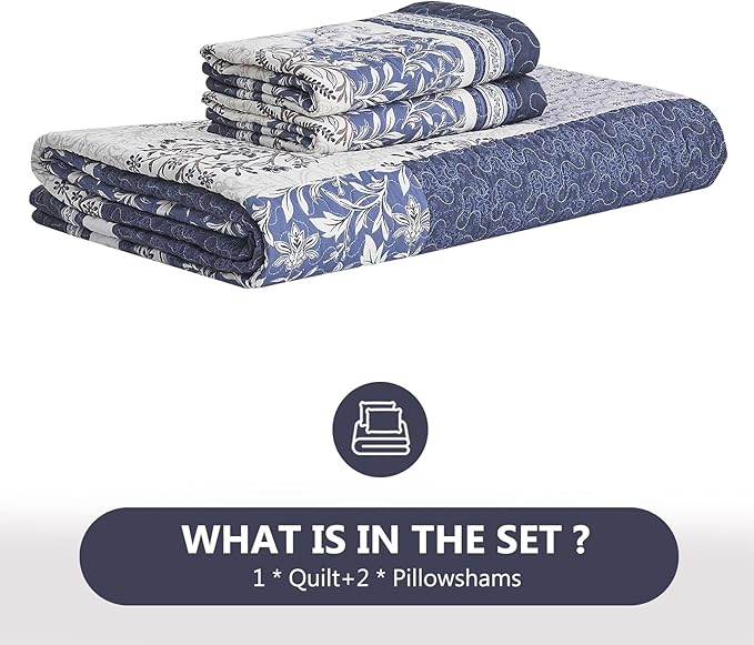 100% Cotton Quilt Set King Size - Floral Quilted Comforter, Patchwork Botanical King Quilt Bedspread, Reversible Vintage Farmhouse Lightweight Bedding for King Bed, 3pcs, Blue/Beige