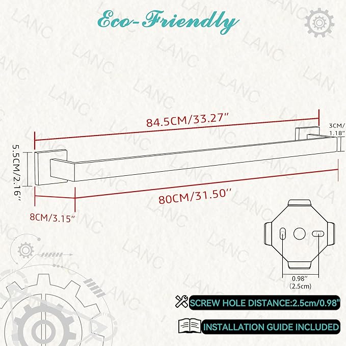 LANC 32-Inche Long Towel Bars for Bathroom Wall Mounted, Matte Black Bath Towel Racks Stainless Steel Towel Rods Total-33.5” Towel Rails Kitchen Towel Hanger Square Towel Holder, A8804MB-8P1