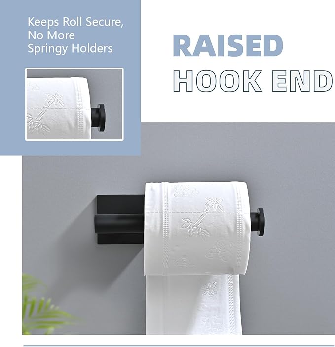 Matte Bathroom Hardware Set, Toilet Paper Holder with 2 Square Towel Hooks, 3PCS SUS 304 Stainless Steel Set, Wall Mounted, Rust Resistant, Modern Fingerprint-Free Finish (Black)