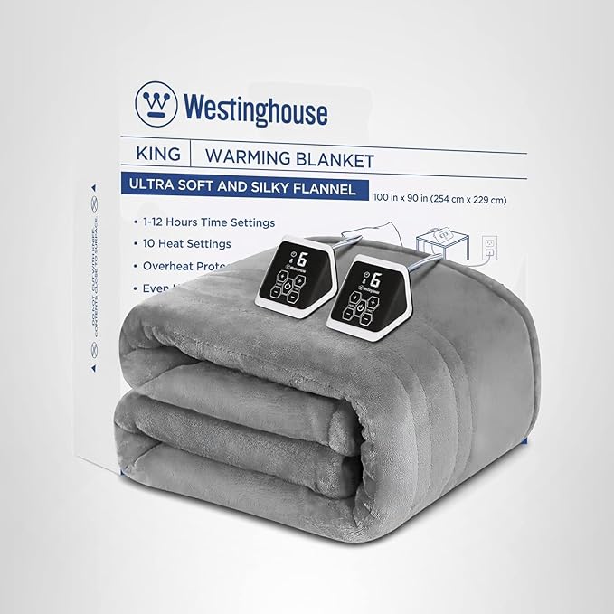 Westinghouse King Size Electric Heating Blanket, 10 Levels, Auto Shut Off, Fast Heating, Machine Washable (King, 100x90 Inches, Light Grey)