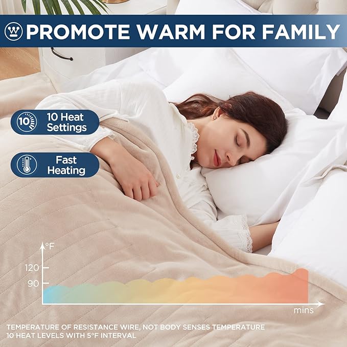 Westinghouse Electric Blanket Queen Size, Super Cozy Soft Flannel 84"" x 90"" Heated Blanket with 10 Fast Heating Levels & 1-12 Auto-Off, Machine Washable, ETL&FCC Certification, Beige